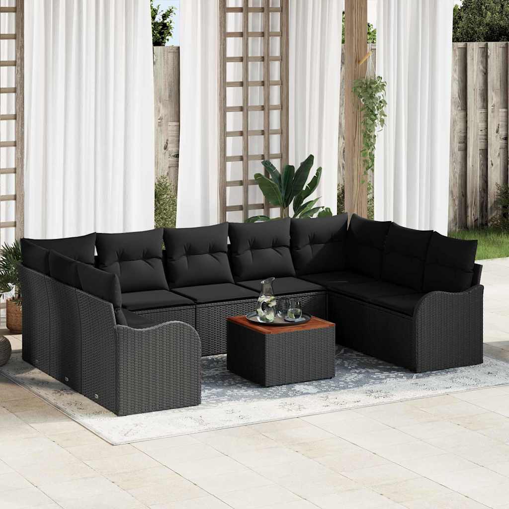 10 Stykker Have Sofa Sæt med Puder Sort Poly Rattan Akacia, vidaXL 2-personers Have Sofa med Opbevaring & Puder Sort Poly Rattan