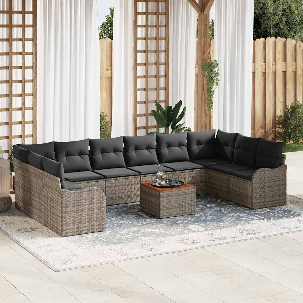 11 Stykker Havesofa Sæt med Puder Grå Poly Rattan Akacie, vidaXL 2-personers Havesofa med Opbevaring & Puder Grå Poly Rattan
