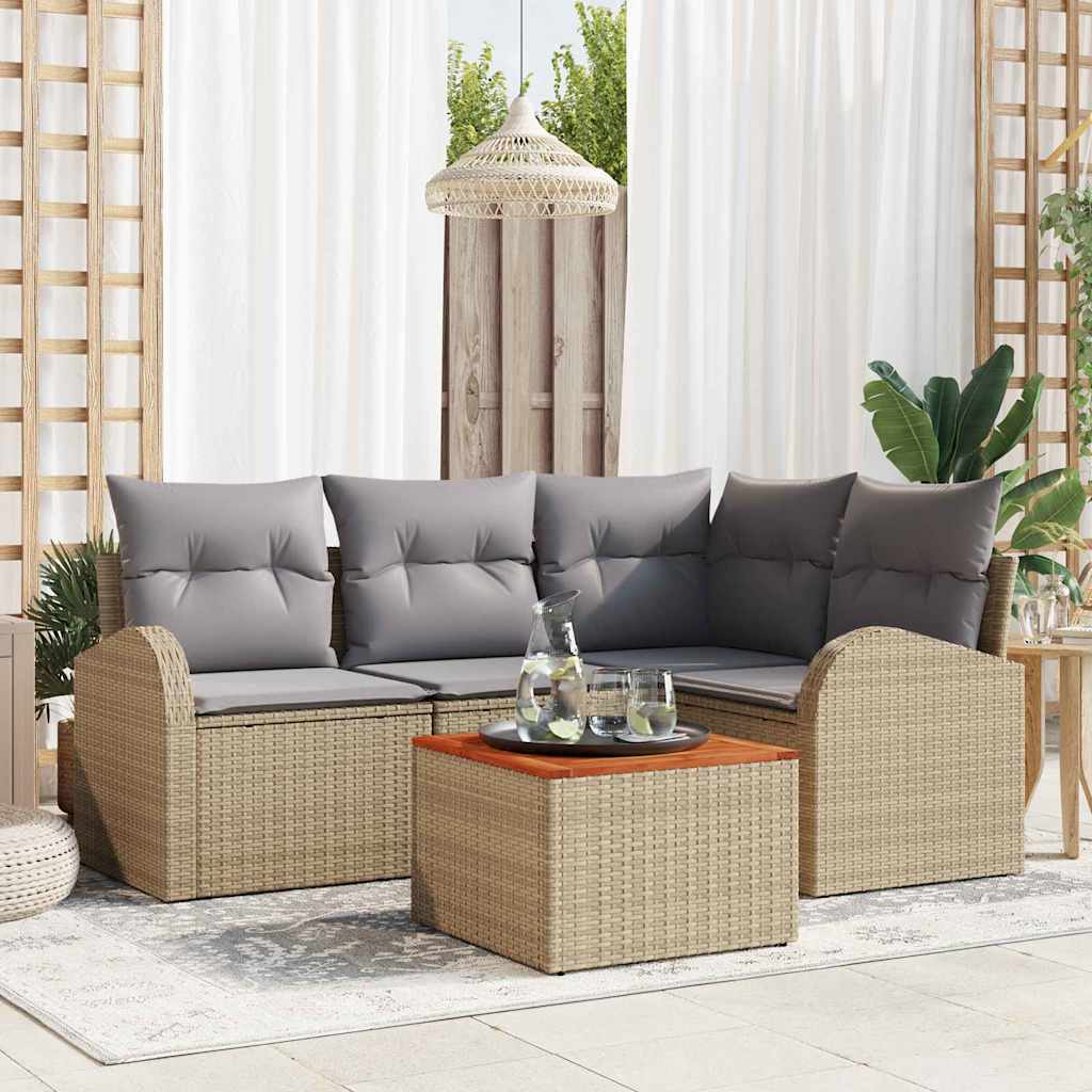 5 Stykke Have Sofa Sæt med Puder Beige Poly Rattan Akacia, vidaXL 2-Personers Have Sofa med Opbevaring & Puder Beige Poly Rattan
