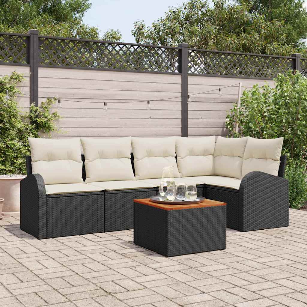 6 Delt Have Sofa Sæt med Puder Sort Poly Rattan Akacietræ, vidaXL 2-personers Have Sofa med Opbevaring & Puder Sort Poly Rattan