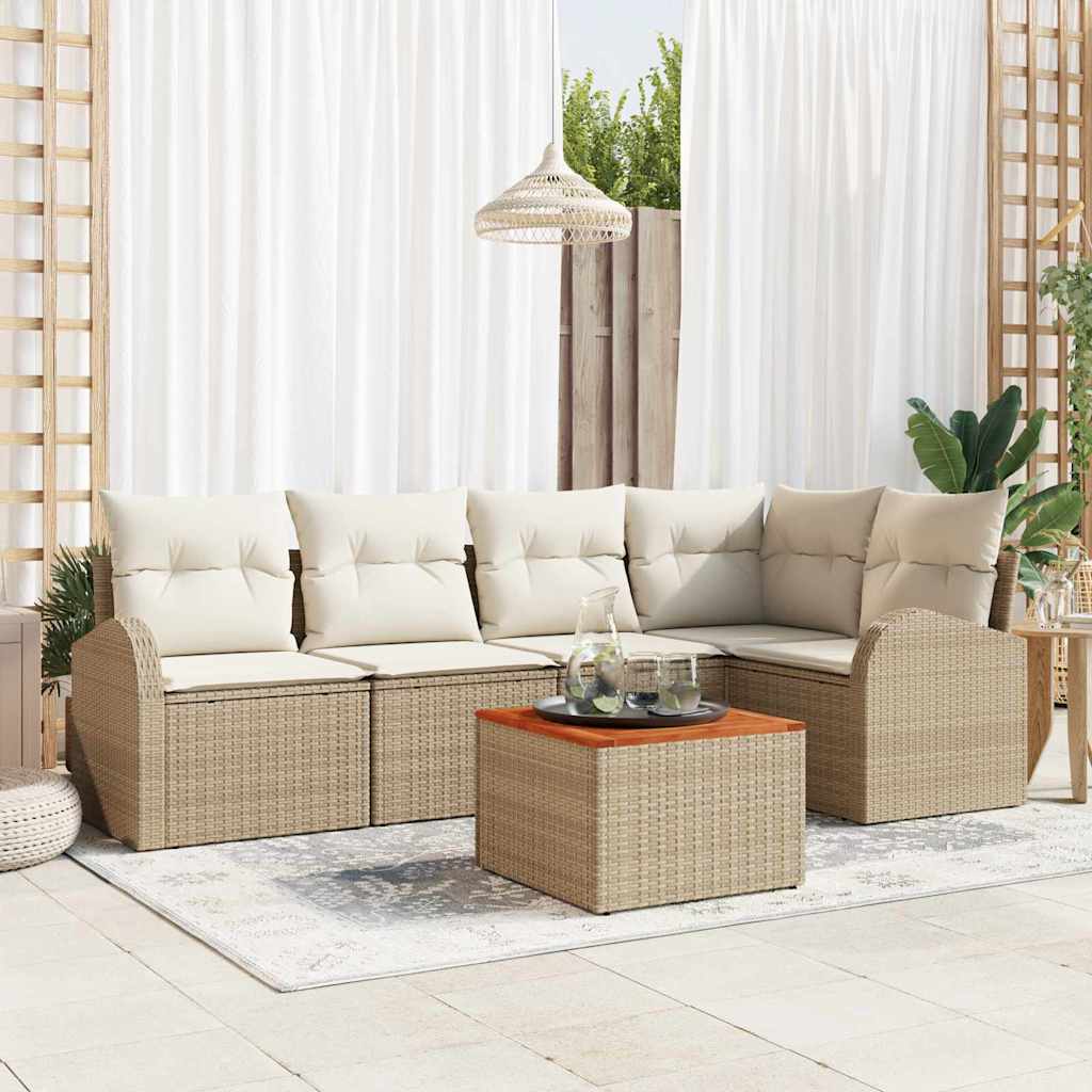 6 Delers Havemøbel Sæt med Puder Beige Poly Rattan Akacietræ, vidaXL 2-Sæders Havemøbel Sofa med Opbevaring & Puder Beige Poly Rattan