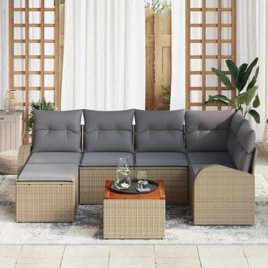 7 Delers Havemøbel Sæt med Hynder Beige Polyrattan Acacia, vidaXL 2-personers Havemøbel med Opbevaring & Hynder Beige Polyrattan