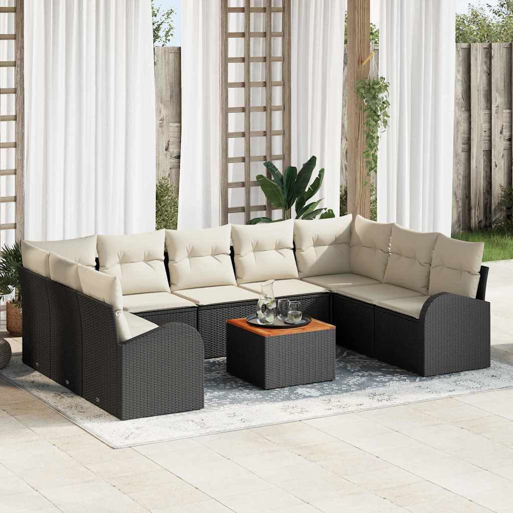 10 Stk Have Sofa Sæt med Puder Sort Poly Rattan Acacia, vidaXL 2-personers Have Sofa med Opbevaring & Puder Sort Poly Rattan
