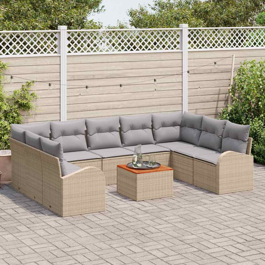 10-delt Have Sofa Sæt med Puder Beige Poly Rattan Akacia, vidaXL 2-personers Have Sofa med Opbevaring & Puder Beige Poly Rattan