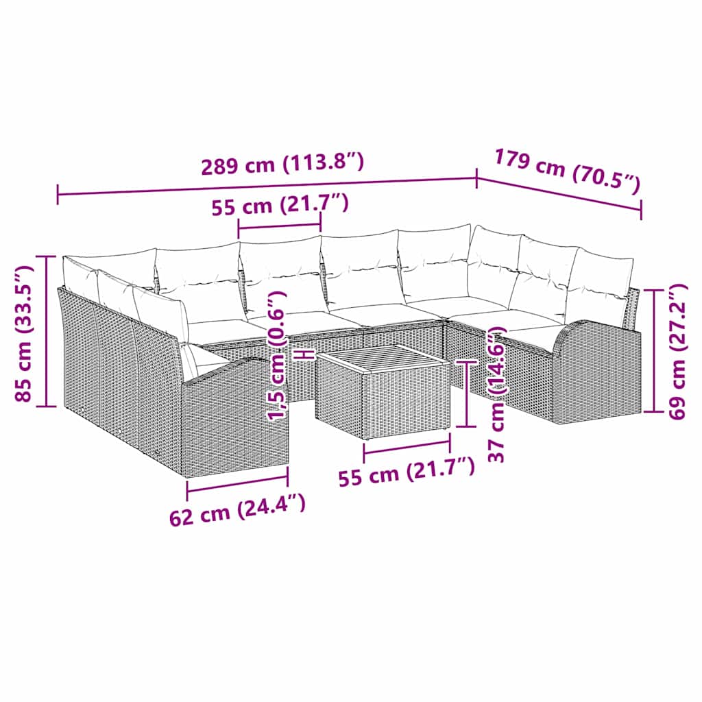 Sada zahradních pohovek 10 pcs Béžová a krémová polyratan - obrázek 17