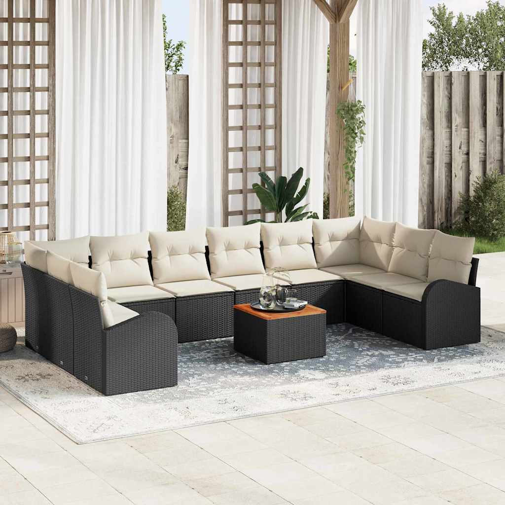 11-teiliges Garten-Sofa-Set mit Kissen in Schwarz Poly Rattan Akazie