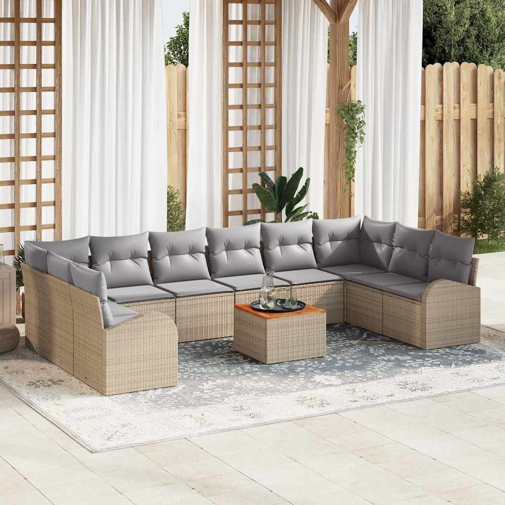 11 Deles Have Sofa Sæt med Puder Beige Poly Rattan Akacia, vidaXL 2-Personers Have Sofa med Opbevaring & Puder Beige Poly Rattan