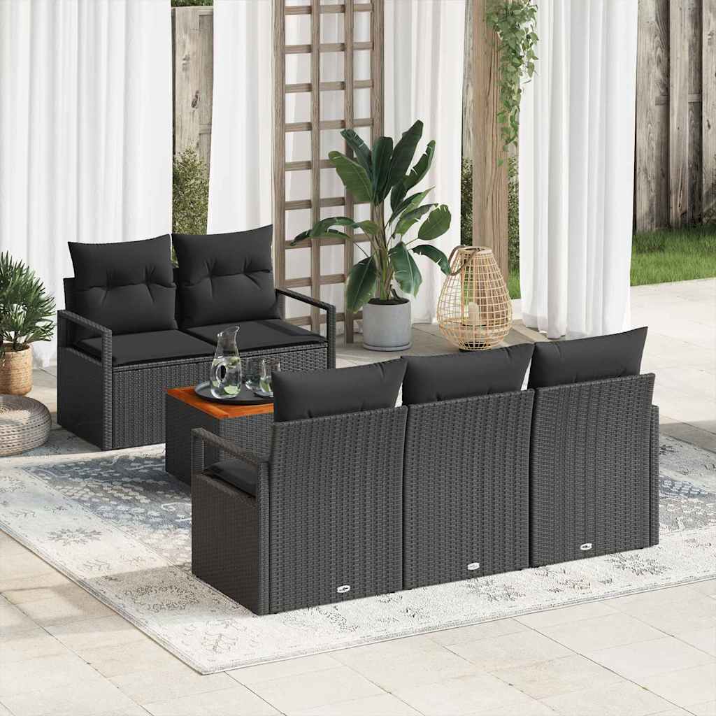 6-teiliges Garten-Sofa-Set mit Kissen Schwarz Poly Rattan Akazie