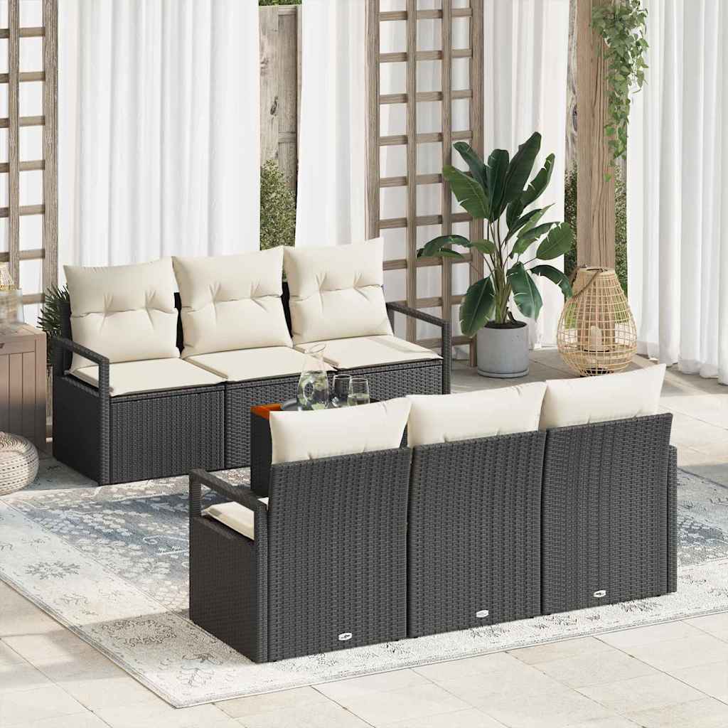 7-teiliges Garten Sofa Set mit Kissen Schwarz Poly Rattan Akazie