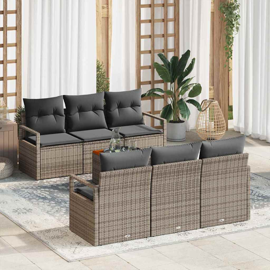 7 Teiliges Garten Sofa Set mit Kissen Grau Poly Rattan Akazie