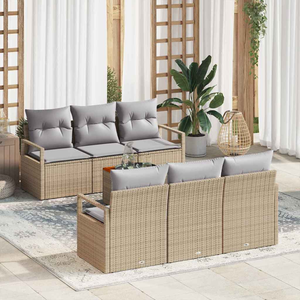 7-teiliges Garten Sofa Set mit Kissen Beige Poly Rattan Akazie