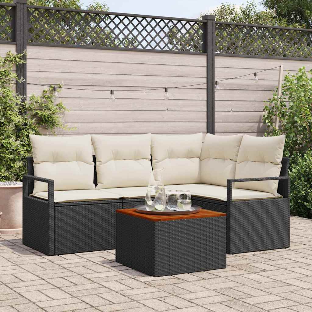 5 Piece Have Sofa Sæt med Puder Sort Poly Rattan Akacietræ, vidaXL 2-Sæde Have Sofa med Opbevaring & Puder Sort Poly Rattan