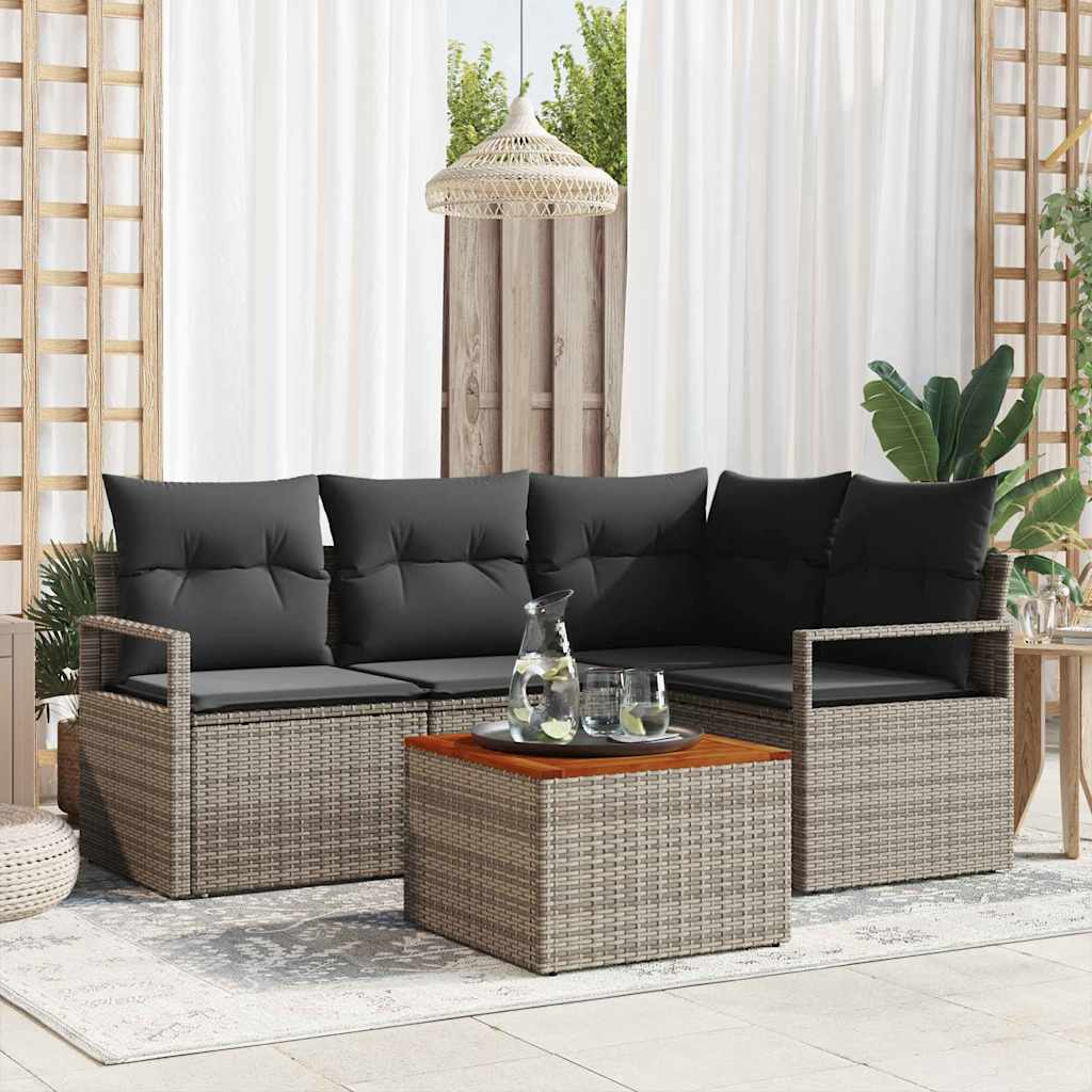 5 stk Havesofa sæt med puder Grå Poly Rattan Akacia, vidaXL 2-sæders Havesofa med opbevaring & puder Grå Poly Rattan