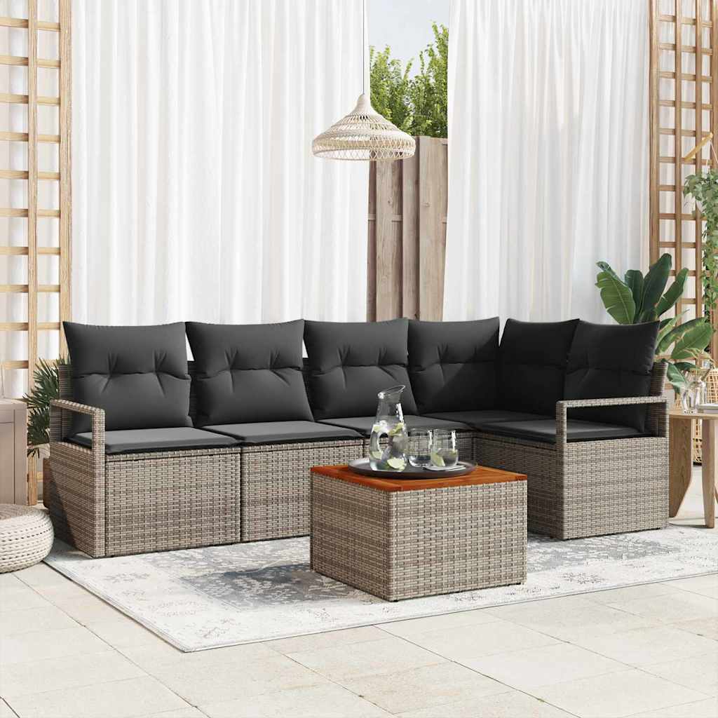 6-teiliges Garten Sofa Set mit Kissen Grau Poly Rattan Akazie