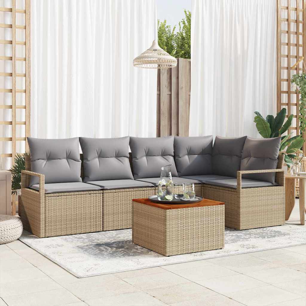 6-teiliges Garten Sofa Set mit Kissen Beige Poly Rattan Akazie