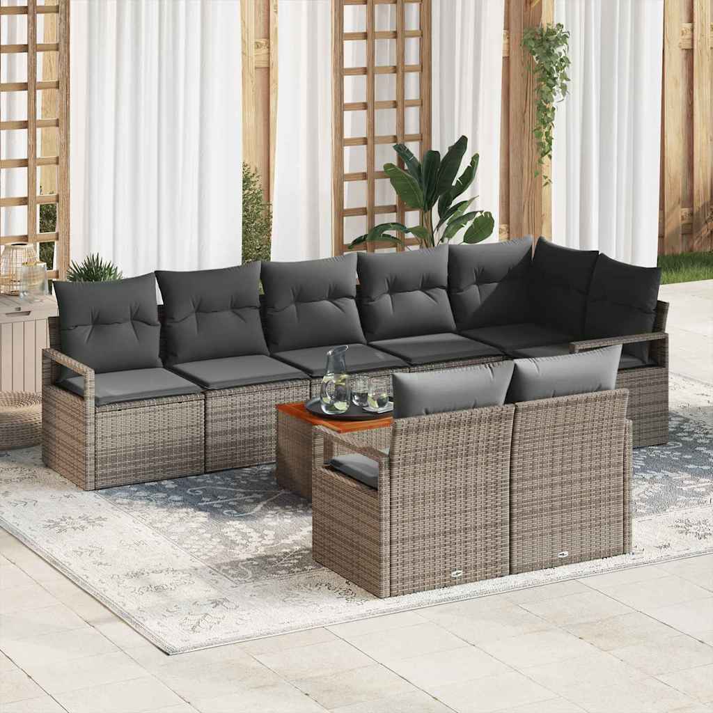 9-delt sofasæt til haven med puder Grå poly rattan akacie, 2-personers havensofa med opbevaring og puder Grå poly rattan