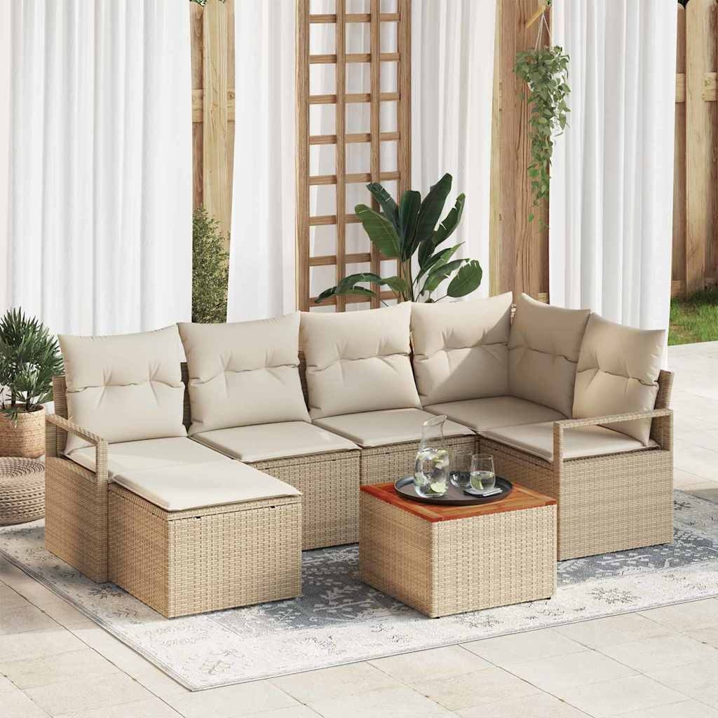 7-teiliges Garten Sofaset mit Kissen Beige Poly Rattan Akazie