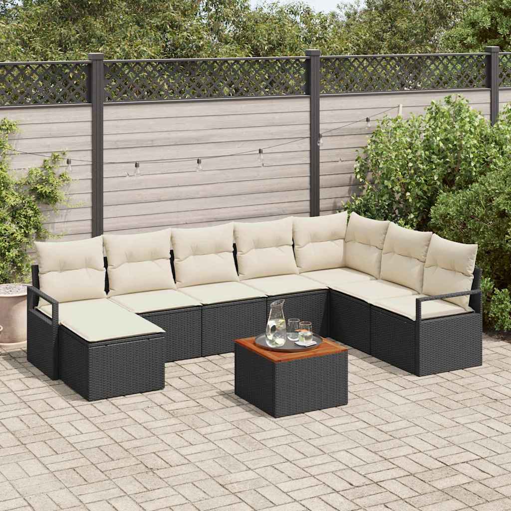 9 Deles Have Sofa Sæt med Puder Sort Poly Rattan Akacietræ, vidaXL 2-sæders Have Sofa med Opbevaring & Puder Sort Poly Rattan
