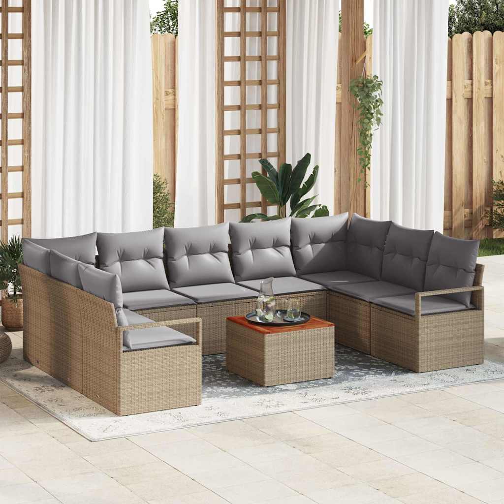 10-delt havemøbel sæt med puder beige poly rattan akacietræ, vidaXL 2-personers have sofa med opbevaring og puder beige poly rattan