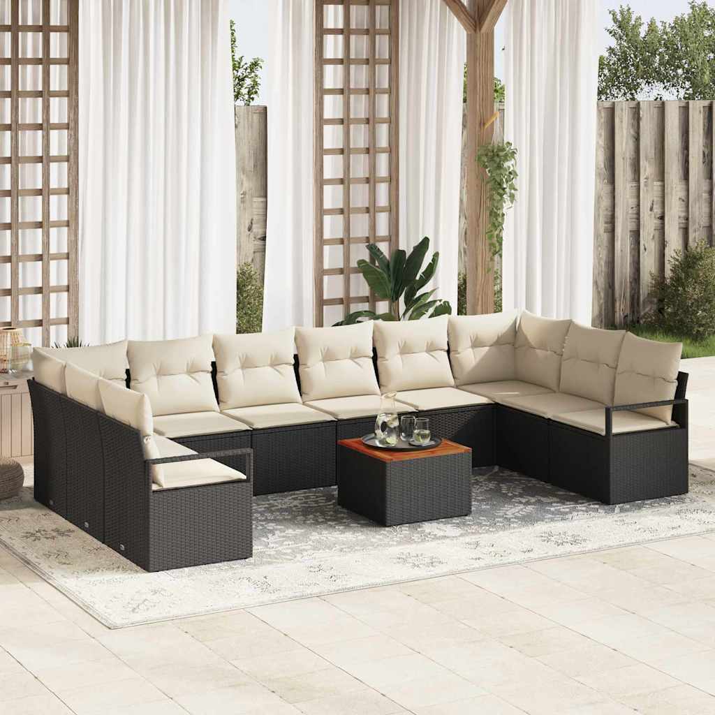 11-delt Have Sofa Sæt med Puder Sort Poly Rattan Acacia, vidaXL 2-personers Have Sofa med Opbevaring & Puder Sort Poly Rattan