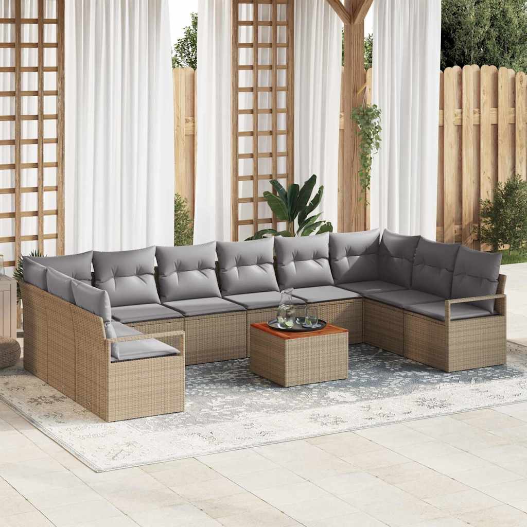 11 Pieces Have Sofa Sæt med Puder Beige Poly Rattan Akacia, vidaXL 2-personers Have Sofa med Opbevaring & Puder Beige Poly Rattan