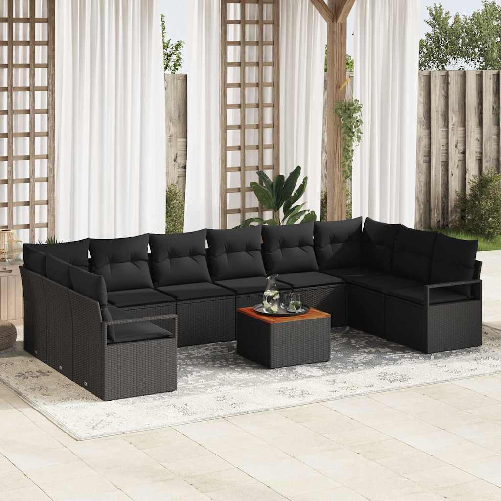 11-teiliges Garten Sofaset mit Kissen Schwarz Poly Rattan Akazie