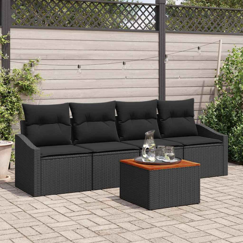 5 Piece Garden Sofa Set med Puder Sort Poly Rattan Akacie