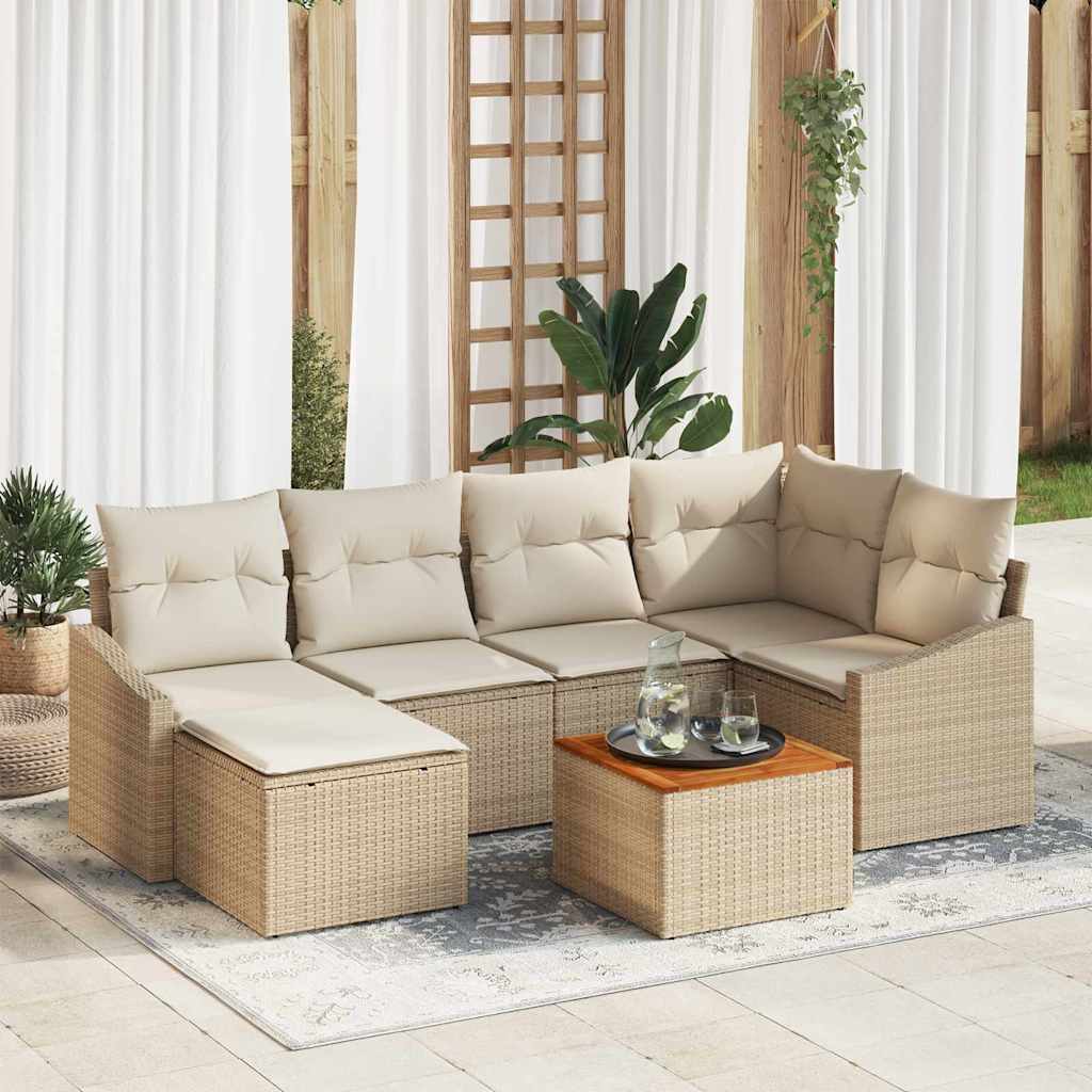 7-delers hav sofa sæt med puder beige poly rattan akaciatræ