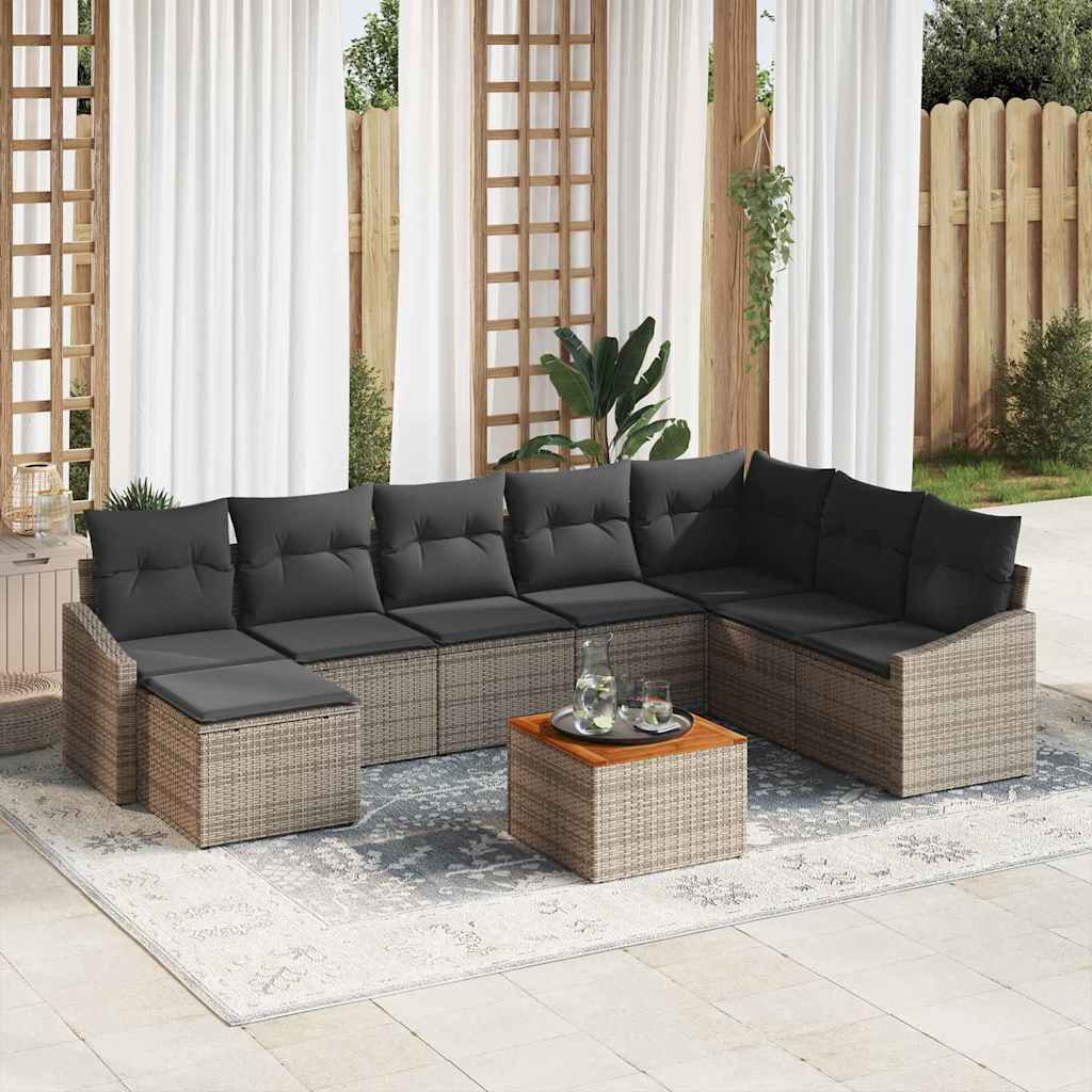 9 Stykke Have Sofa Sæt med Puder Grå Poly Rattan Akacia