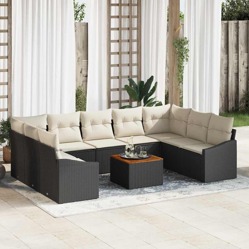 10-teilige Garten-Sofa-Set mit Kissen Schwarz Poly Rattan Akazie