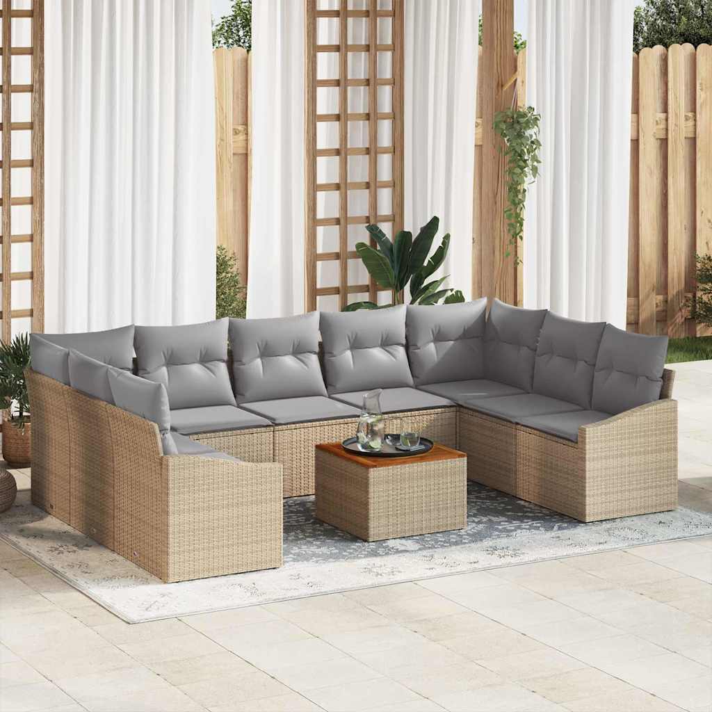 10 Stykke Have Sofa Sæt med Puder Beige Poly Rattan Akacia