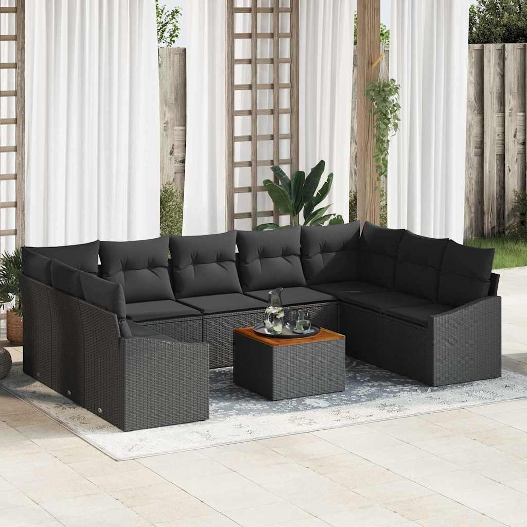 10 Delers Have Sofasæt med Puder Sort Poly Rattan Akacietræ