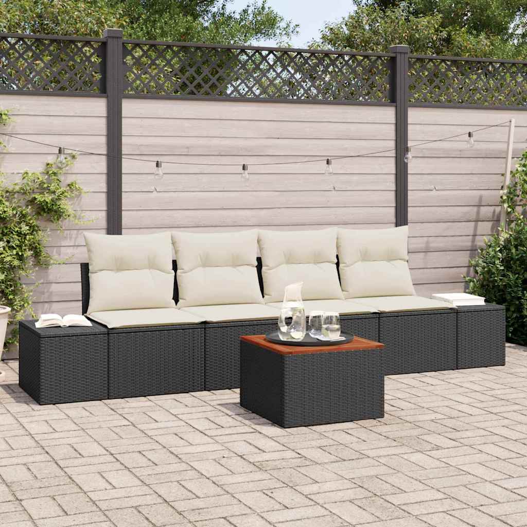 5-teiliges Garten Sofaset mit Kissen Schwarz Poly Rattan Akazie