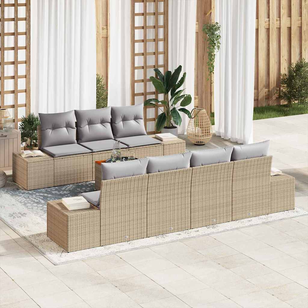 8-teiliges Garten Sofa Set mit Kissen Beige Poly-Rattan Akazie