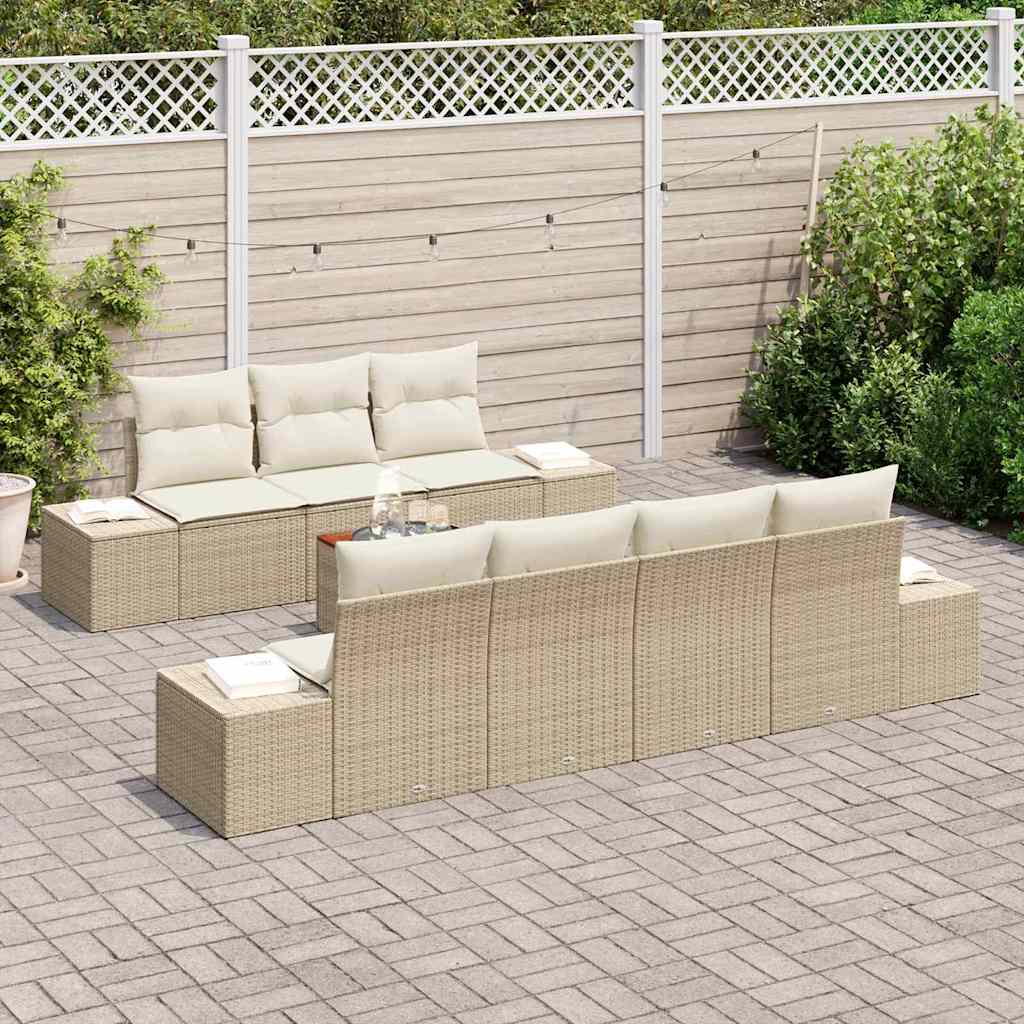 8-teiliges Garten Sofa Set mit Kissen Beige Poly Rattan Akazie