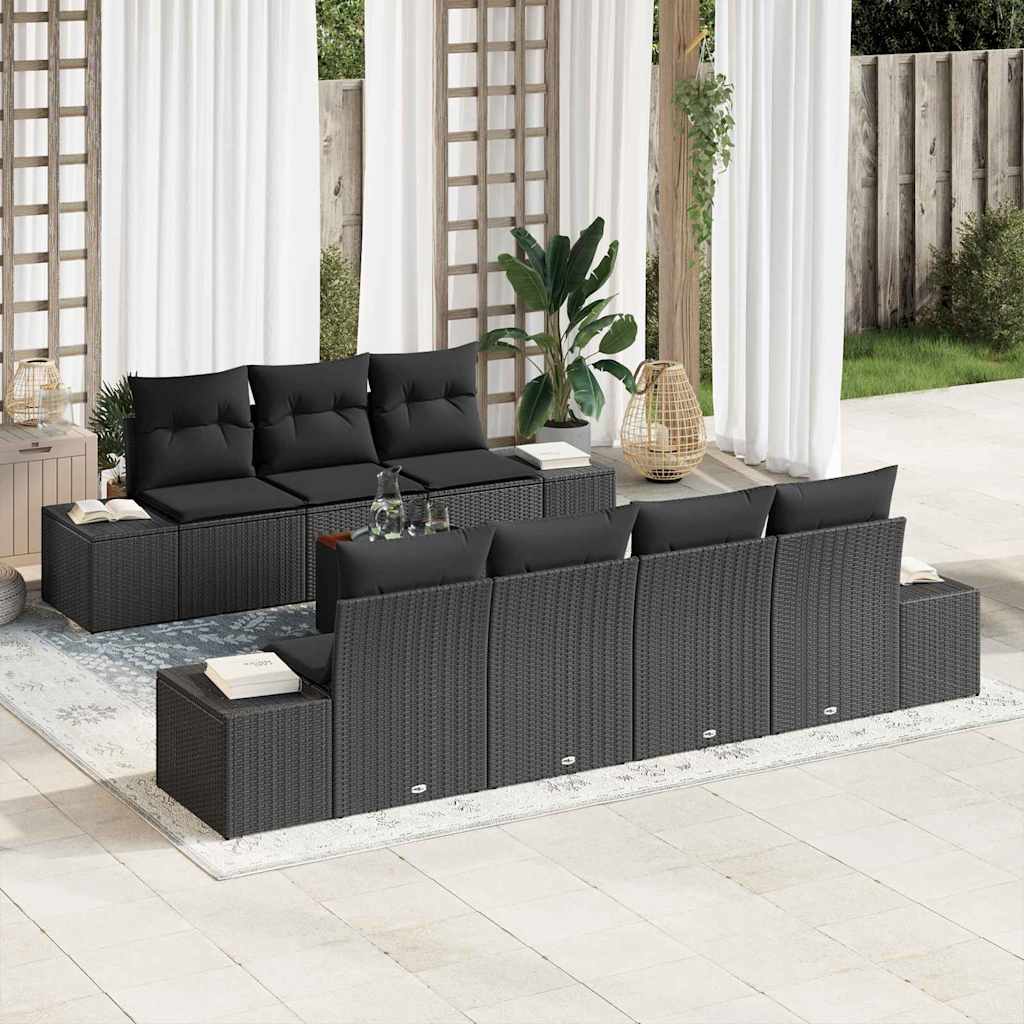 8-teiliges Garten Sofa Set mit Kissen in Schwarz, Poly Rattan, Akazie