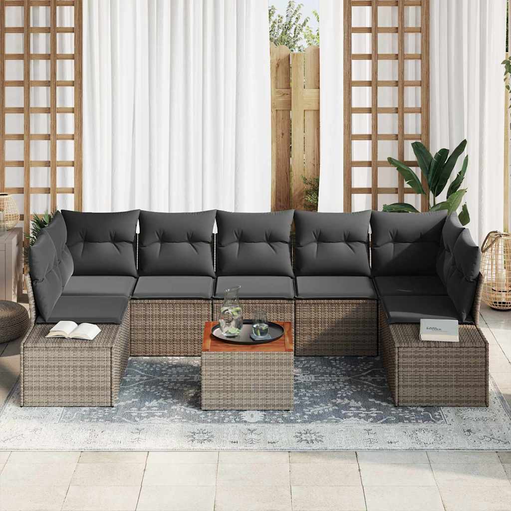 8 Delers Have Sofa Sæt med Puder Grå Poly Rattan Akacie