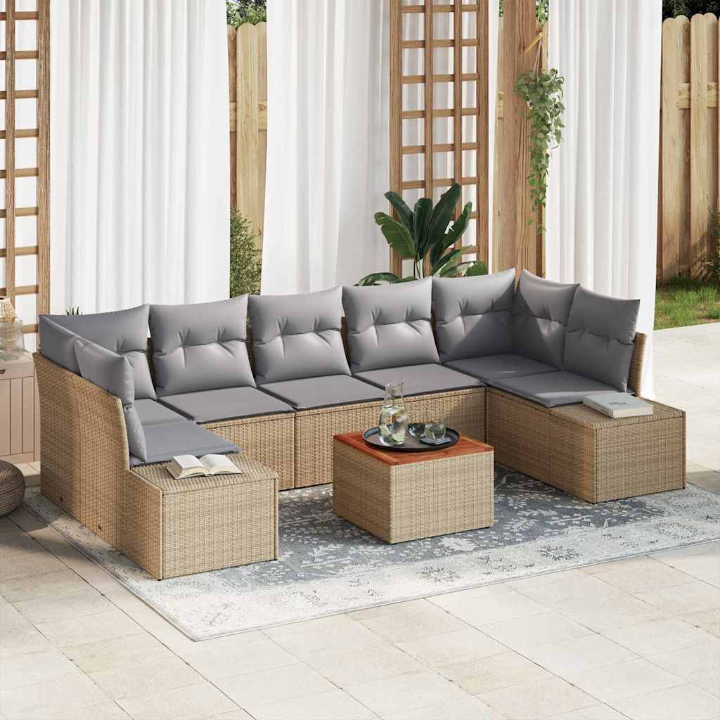 8-teiliges Garten-Sofa-Set mit Kissen Beige Poly Rattan Akazie