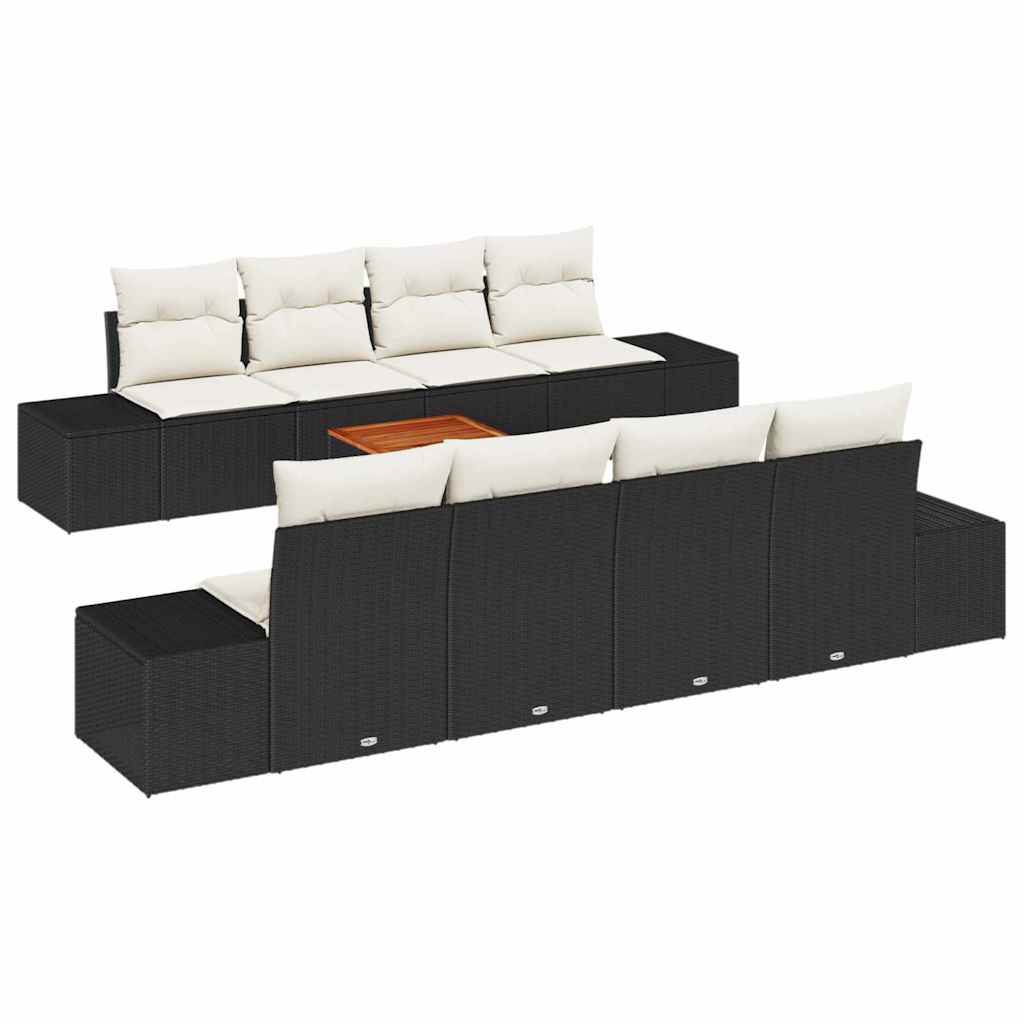 7-teiliges Garten Sofa Set mit Kissen Schwarz Poly Rattan Akazie