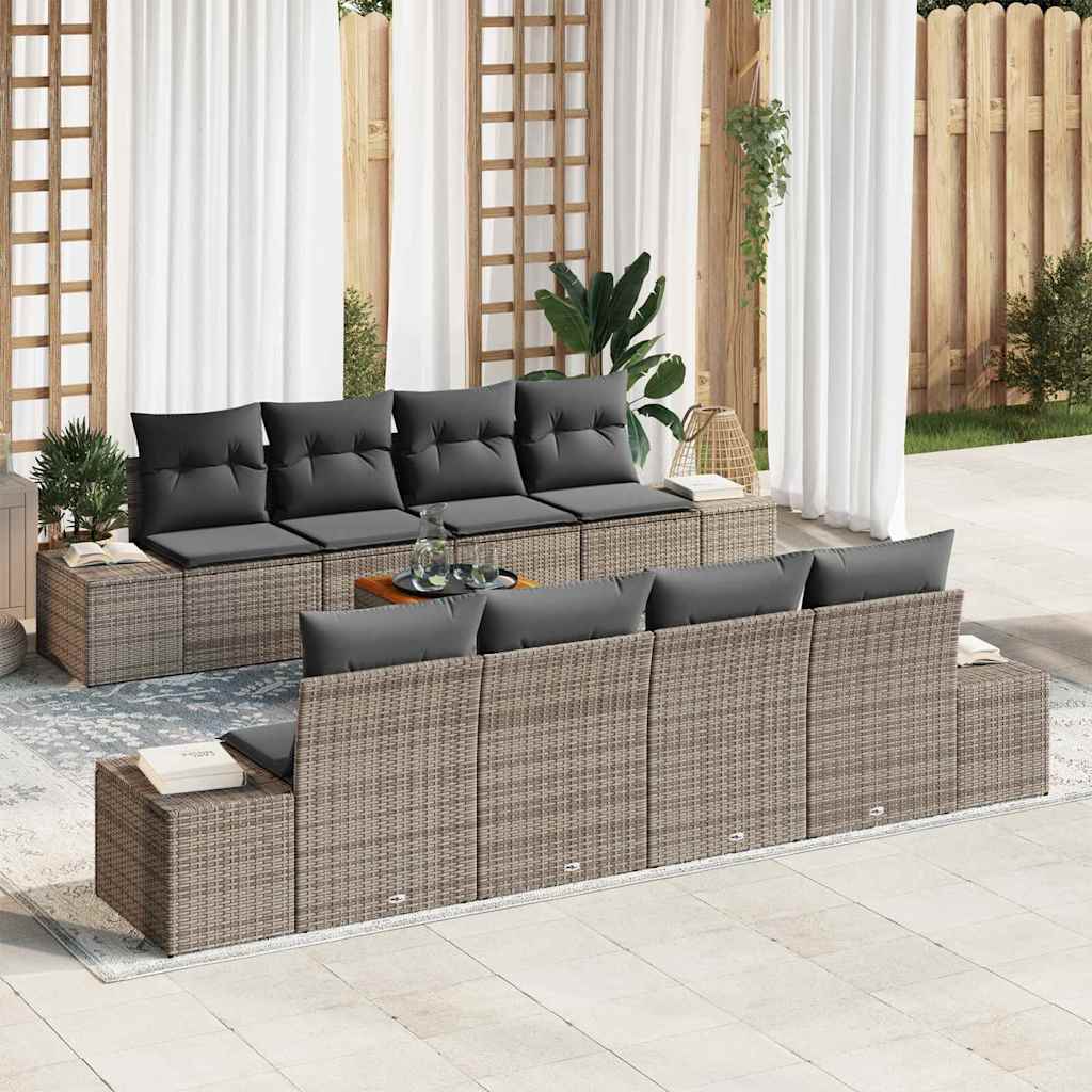7-teiliges Garten Sofa Set mit Kissen Grau Poly Rattan Akazie