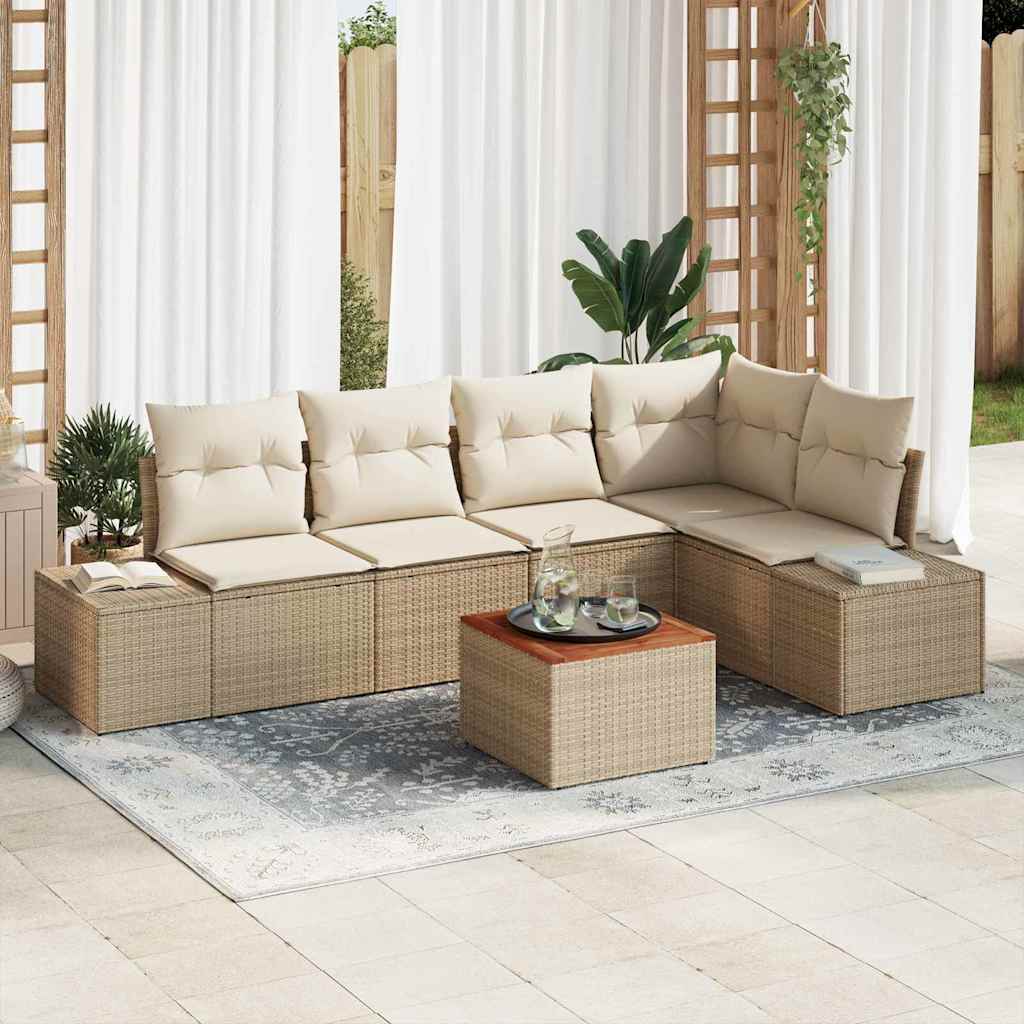 6-delt have sofa sæt med puder beige poly rattan akacietræ