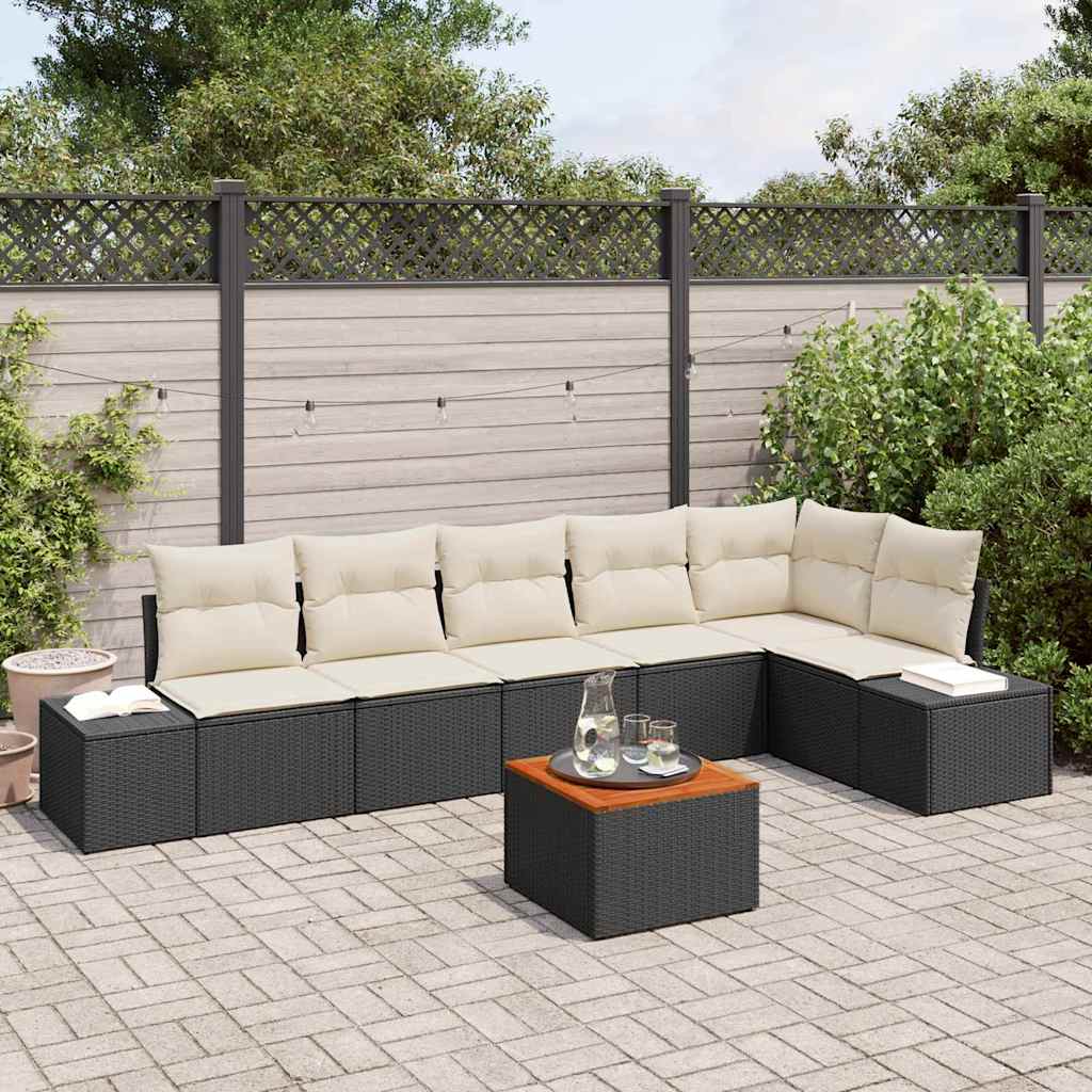 7-delt Havesofa Sæt med Puder Sort Polyrattan Acacia