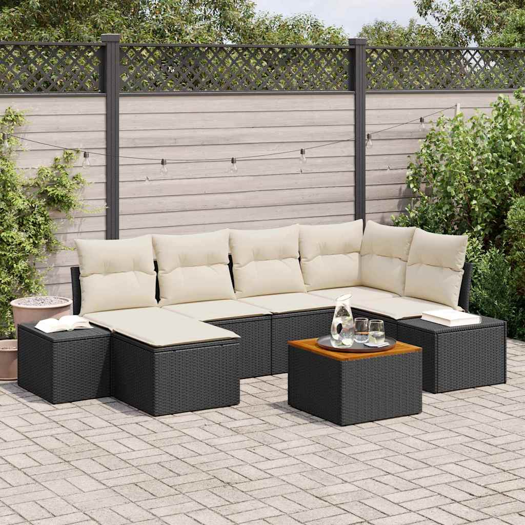 7 Deles Have Sofa Sæt med Puder Sort Poly Rattan Akacietræ
