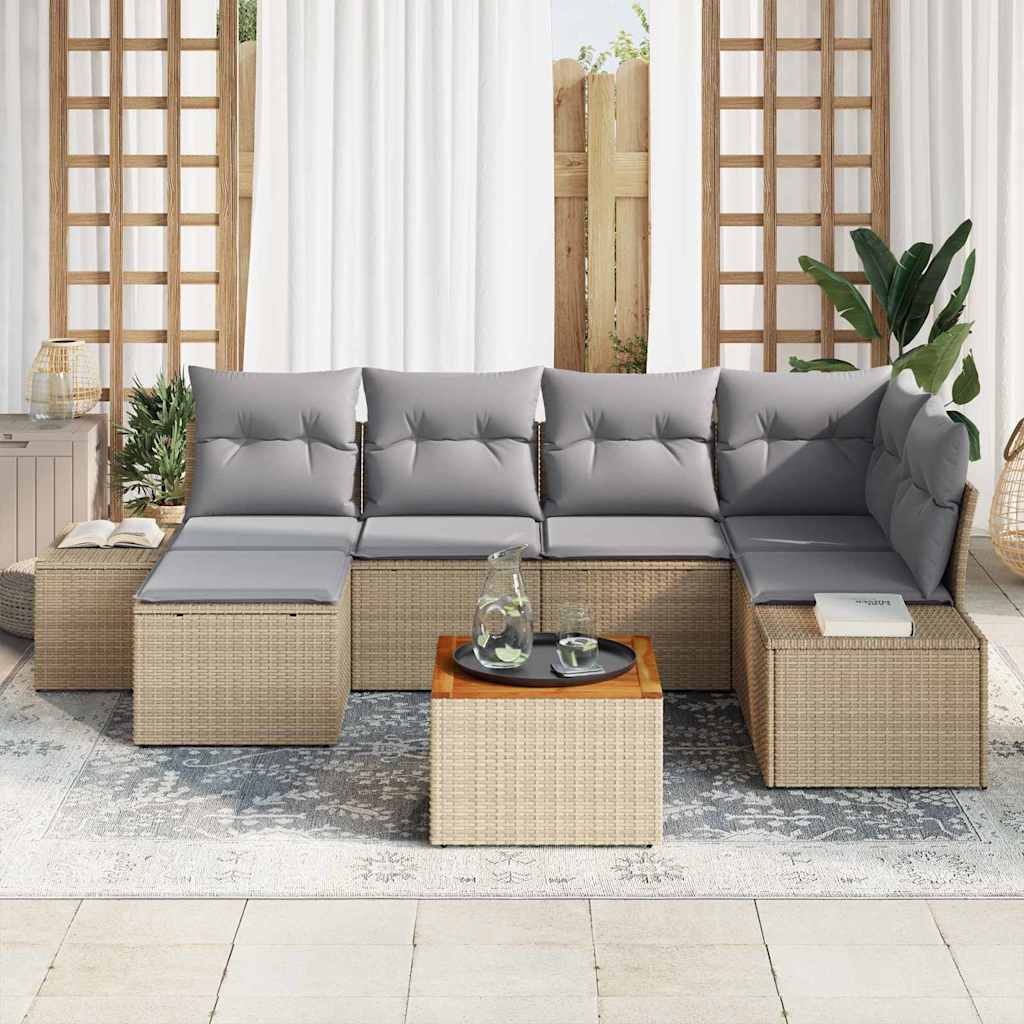 vidaXL Tuin Sofa Set 7 pcs Beige, lichtgrijs Riet, Stof, Staal