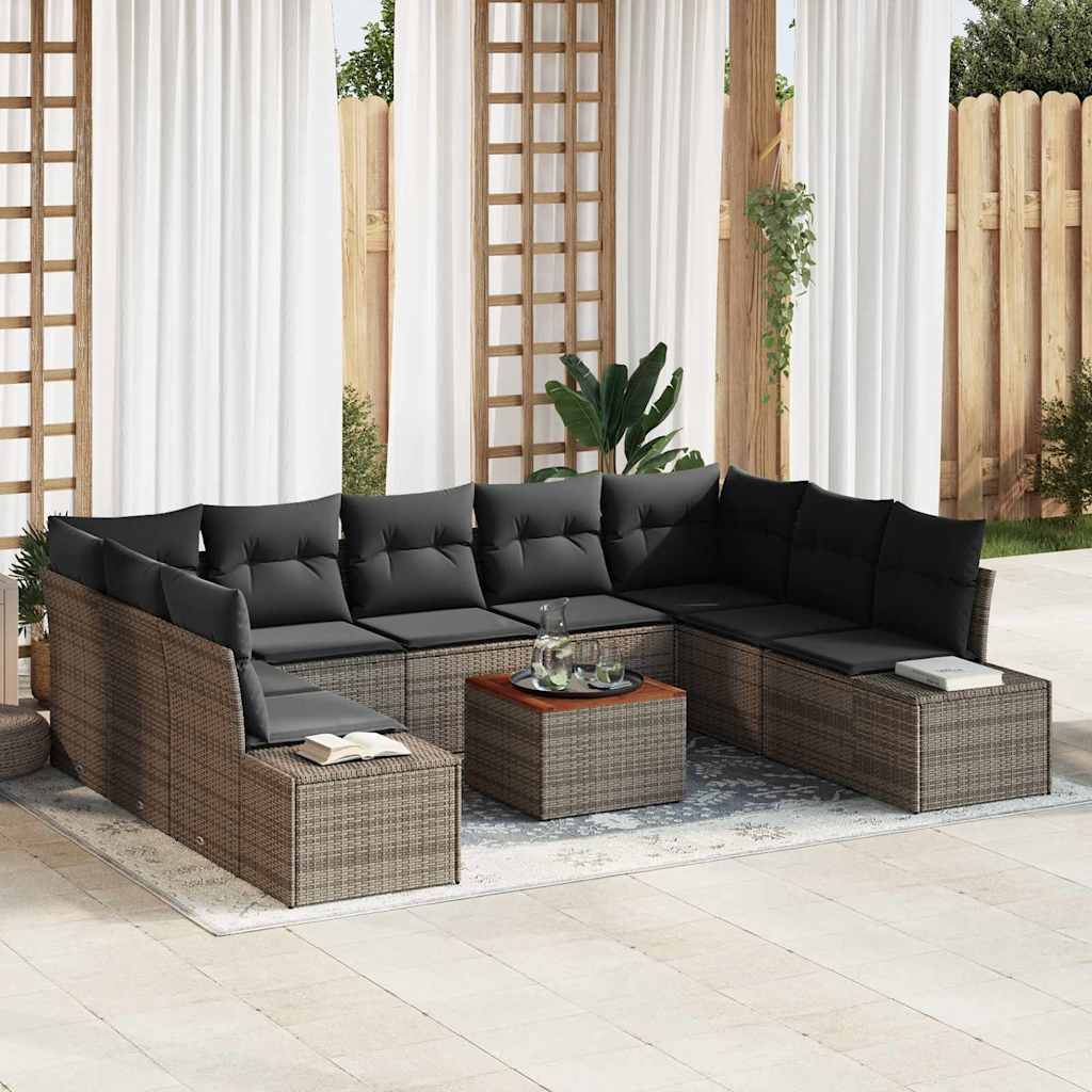 10 Styk Have Sofa Sæt med Puder Grå Poly Rattan Akacietræ