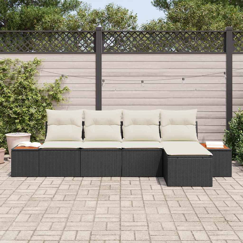 vidaXL 5-delig Tuinsofa Set met Kussens in Zwart van Poly Rattan en Acacia