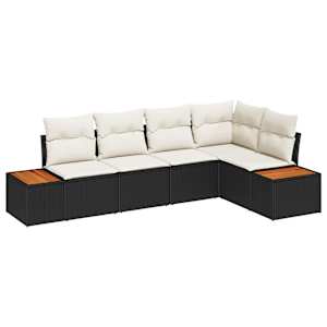 Vrtna sedežna garnitura z blazino 5 pcs Črna in krem Poly ratan - slika 2