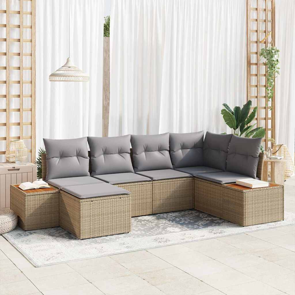 6 Piece Garden Sofa Set with Cushions Beige Poly Rattan Acacia