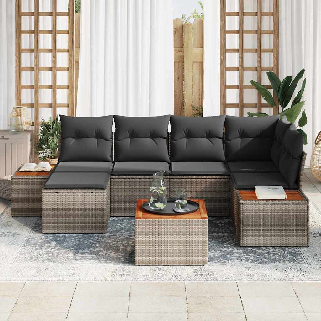 vidaXL 7-delige tuinset met kussens in grijs poly rattan en acaciahout
