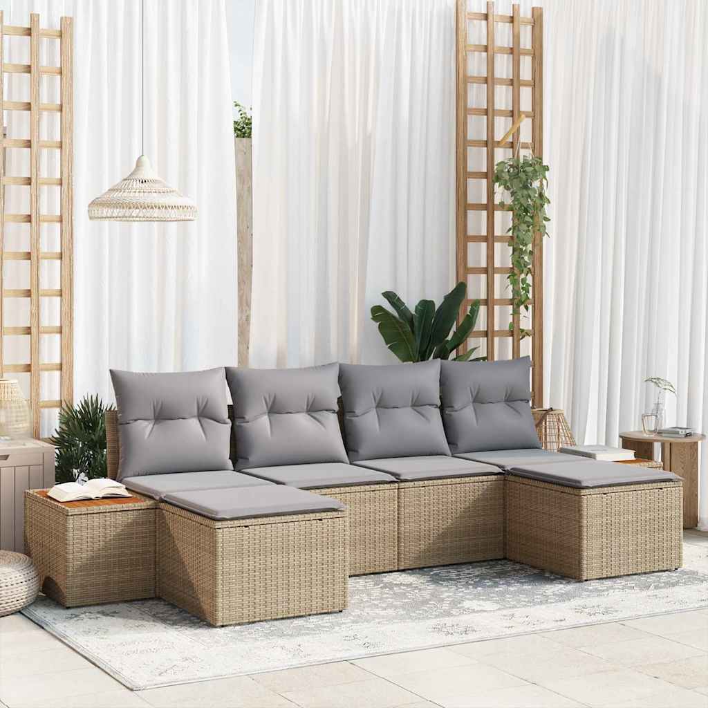 6-teiliges Gartensofa-Set mit Kissen Beige Poly Rattan Akazie